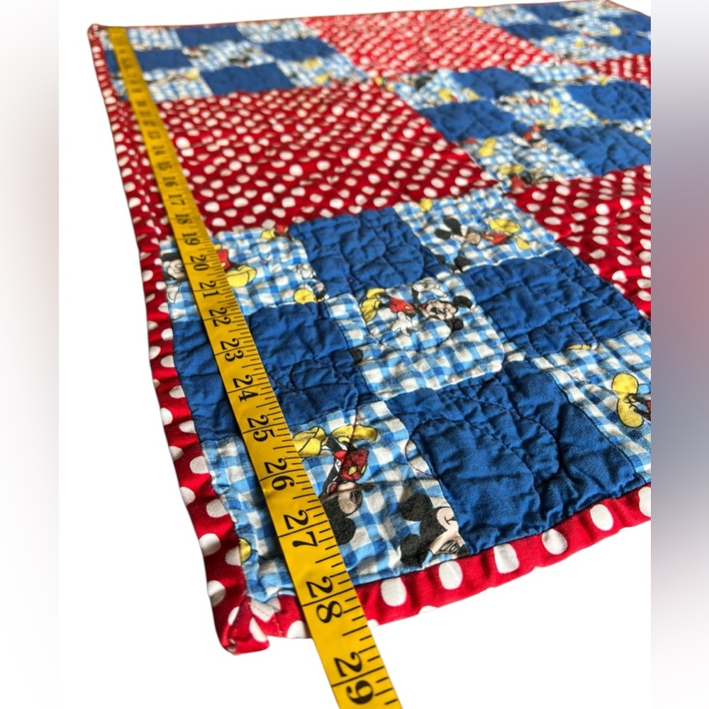 Mickey Mouse Handmade Patchwork Square Baby Quilt Nursery Blue Red Polka Dot 29” - Picture 5 of 6